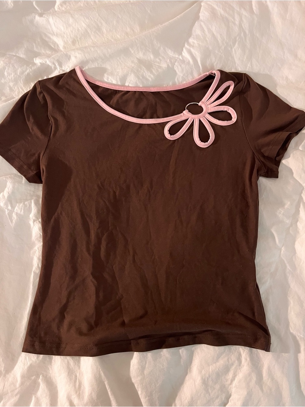 Brown Short-Sleeve off the shoulder Top with Pink Trim and Floral Accent